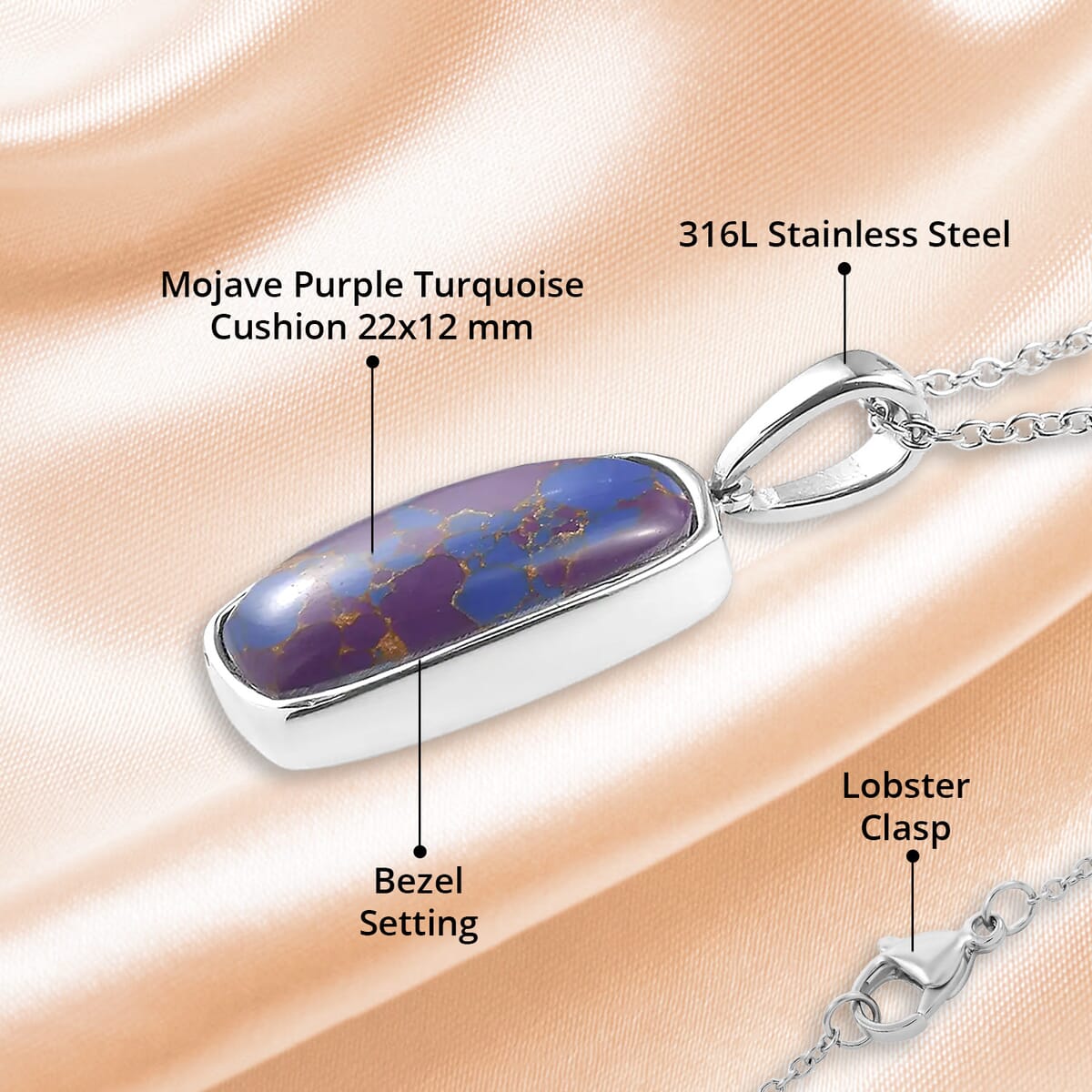 Mojave Purple Turquoise Solitaire Pendant Necklace (20 Inches) in Stainless Steel 13.15 ctw image number 4