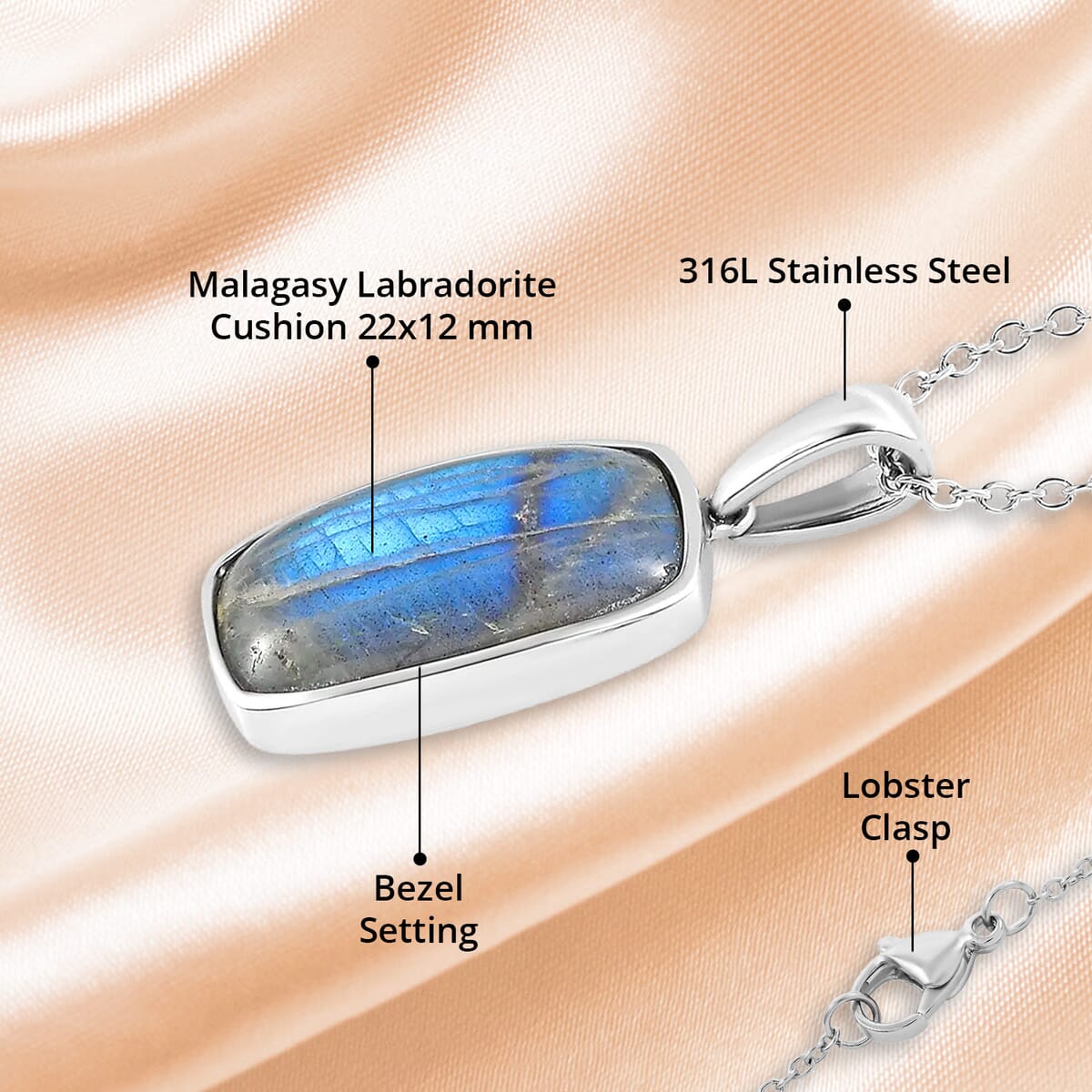 Malagasy Labradorite Solitaire Pendant Necklace 20 Inches in Stainless Steel 14.65 ctw image number 4
