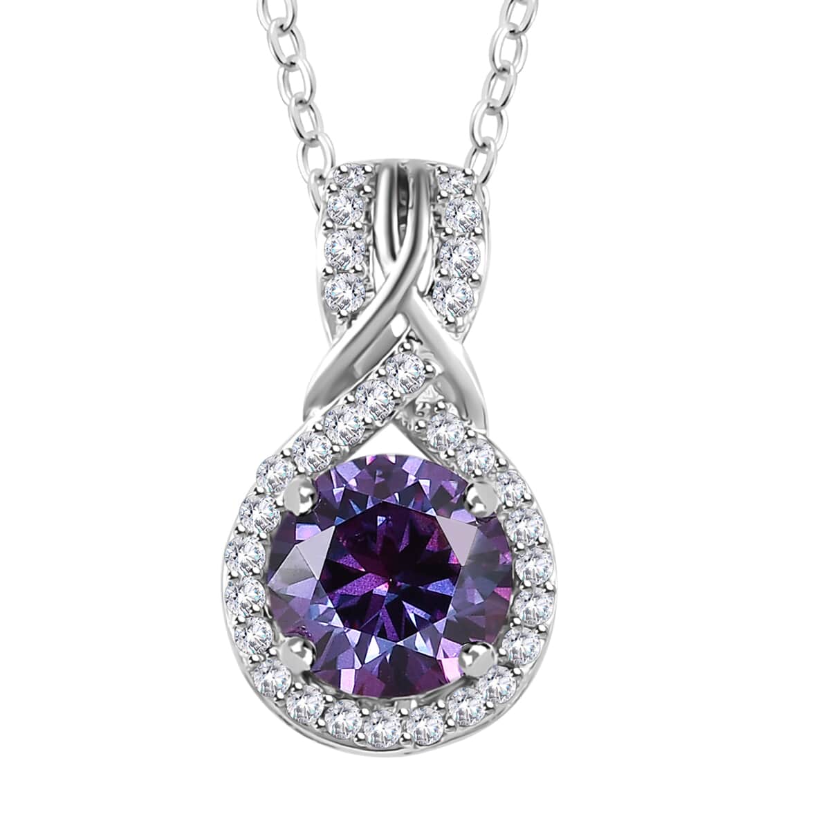 Royal Purple Moissanite and White Moissanite Pendant Necklace 20 Inches in Platinum Over Sterling Silver 1.15 ctw image number 0