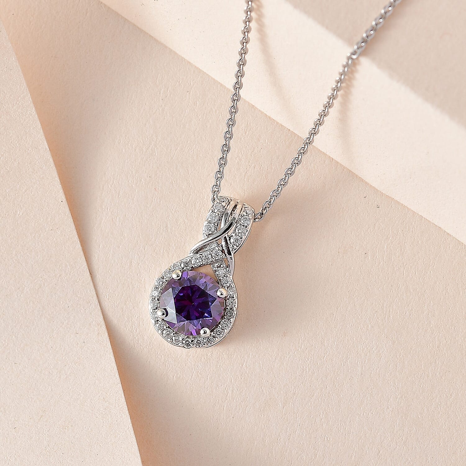 Royal Purple Moissanite and White Moissanite Pendant Necklace 20 Inches in Platinum Over Sterling Silver 1.15 ctw