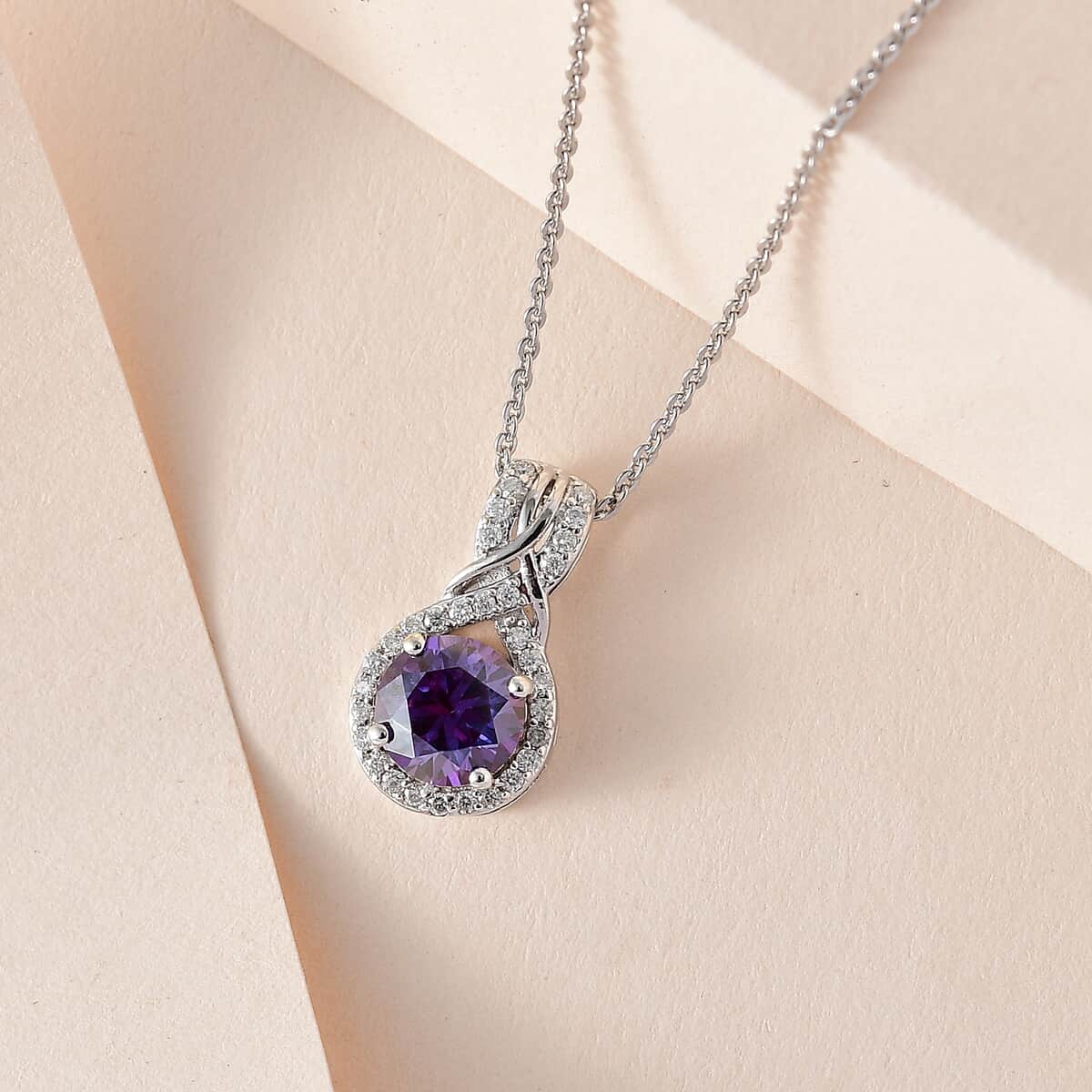 Royal Purple Moissanite and White Moissanite Pendant Necklace 20 Inches in Platinum Over Sterling Silver 1.15 ctw image number 1