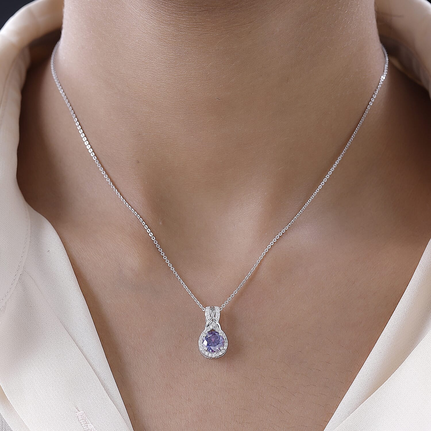Royal Purple Moissanite and White Moissanite Pendant Necklace 20 Inches in Platinum Over Sterling Silver 1.15 ctw