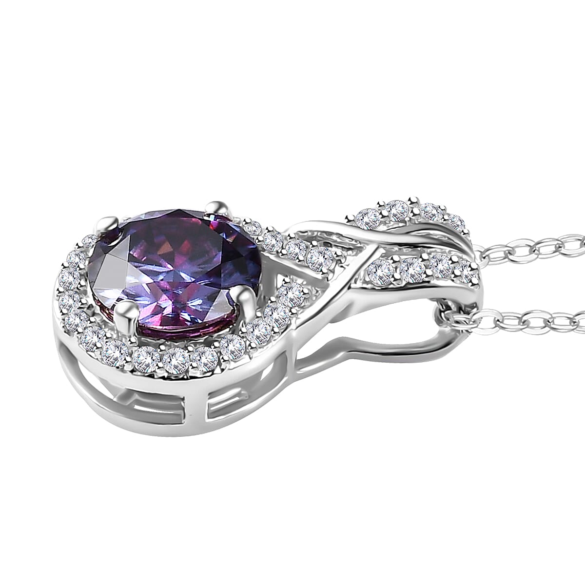 Royal Purple Moissanite and White Moissanite Pendant Necklace 20 Inches in Platinum Over Sterling Silver 1.15 ctw