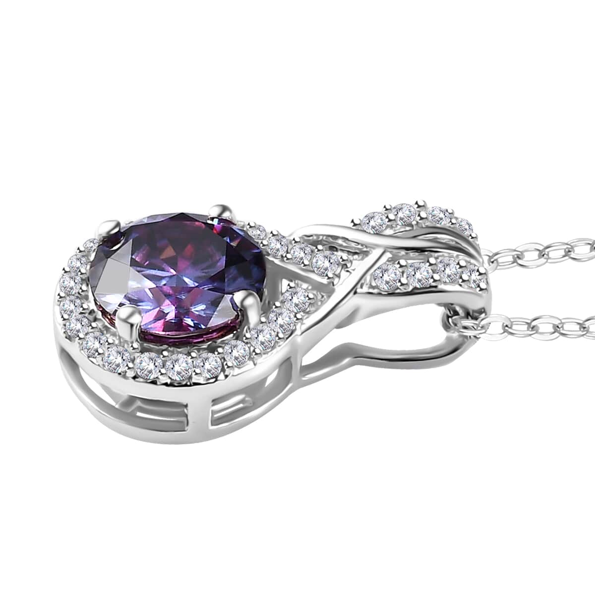 Royal Purple Moissanite and White Moissanite Pendant Necklace 20 Inches in Platinum Over Sterling Silver 1.15 ctw image number 3