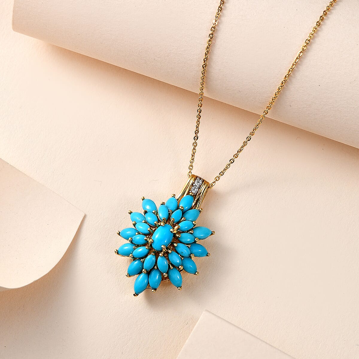 Sleeping Beauty Turquoise and White Zircon Floral Pendant Necklace 20 Inches in Vermeil Yellow Gold Over Sterling Silver 4.50 ctw image number 1