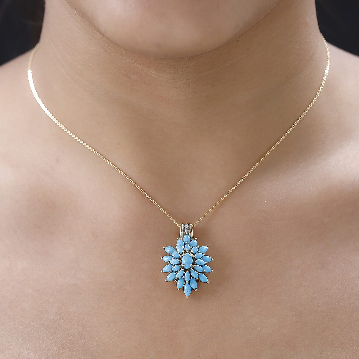 Sleeping Beauty Turquoise and White Zircon Floral Pendant Necklace 20 Inches in Vermeil Yellow Gold Over Sterling Silver 4.50 ctw image number 2