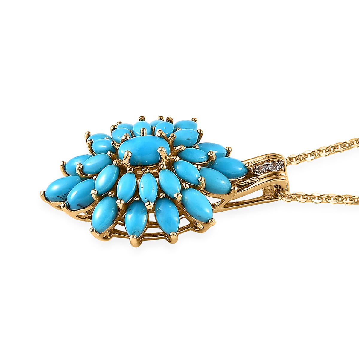 Sleeping Beauty Turquoise and White Zircon Floral Pendant Necklace 20 Inches in Vermeil Yellow Gold Over Sterling Silver 4.50 ctw image number 3