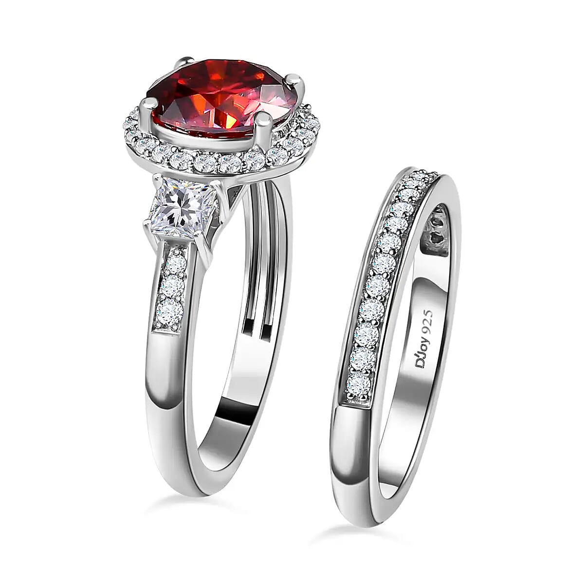 Luxury Red Moissanite and White Moissanite Set of 2 Ring in Platinum Over Sterling Silver (Size 5.0) 2.35 ctw