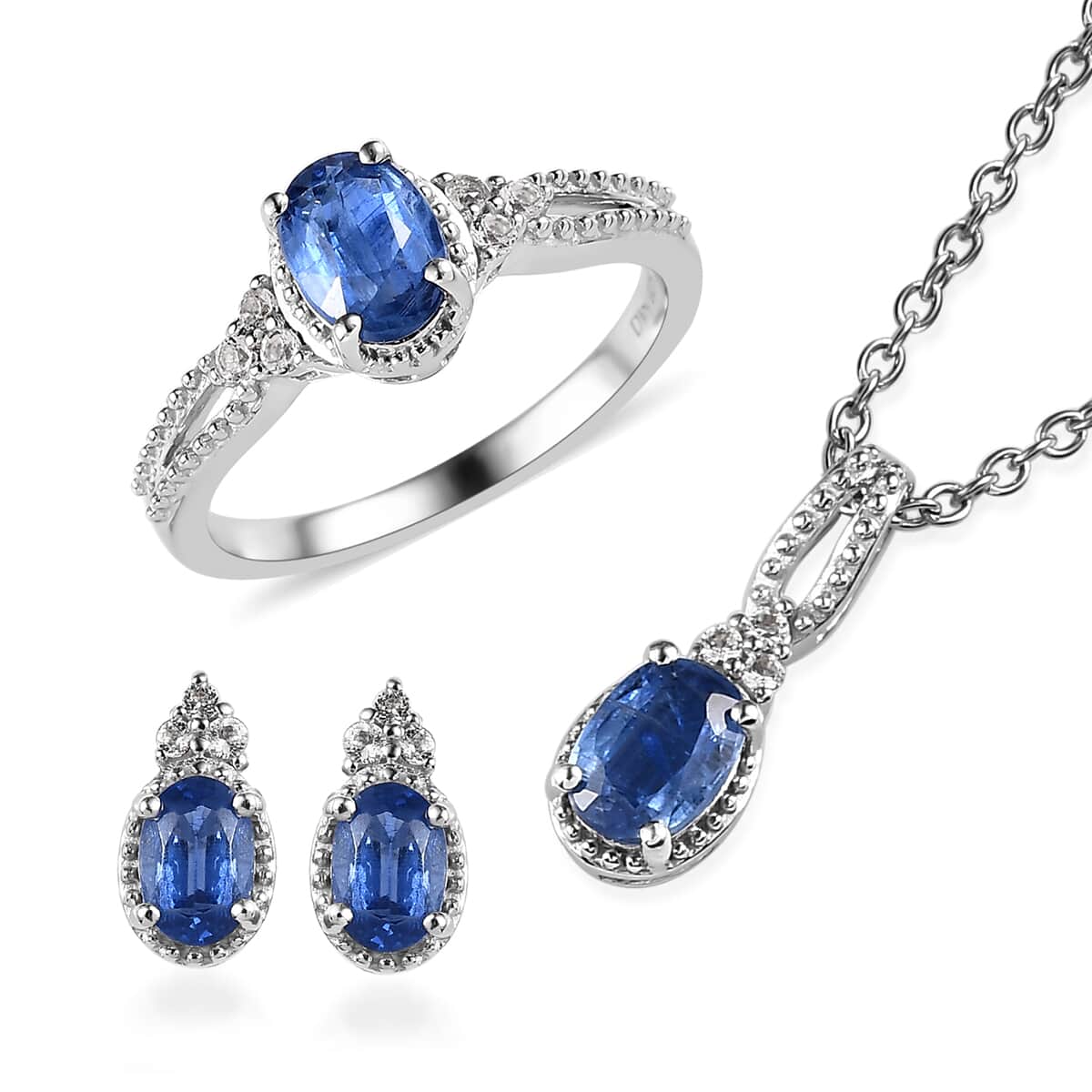 TLV Kashmir Kyanite, White Topaz Stud Earrings, Ring (Size 5.0) and Pendant Necklace (20 Inches) in Platinum Over Sterling Silver and Stainless Steel 3.50 Carat Total Weight image number 0