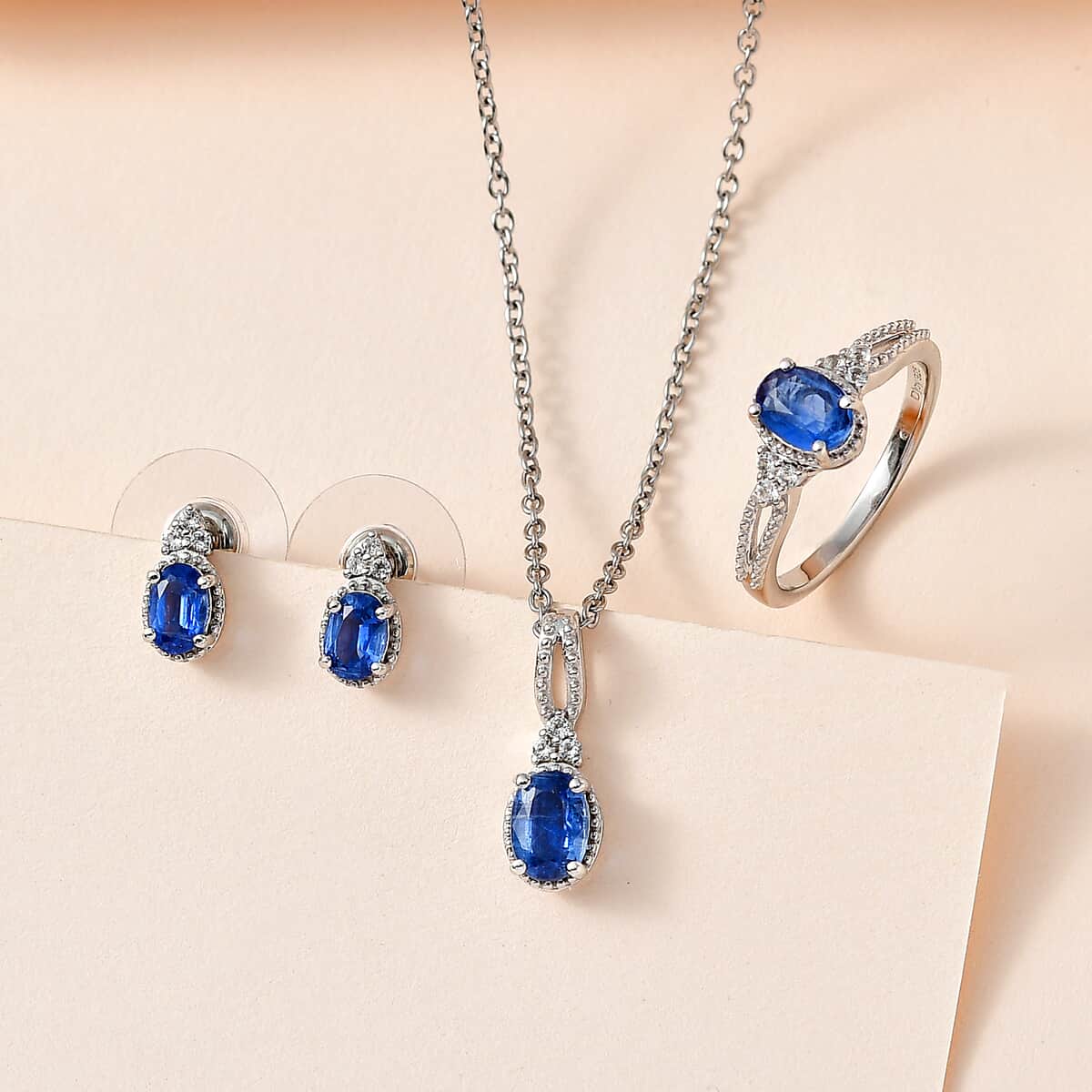 TLV Kashmir Kyanite, White Topaz Stud Earrings, Ring (Size 5.0) and Pendant Necklace (20 Inches) in Platinum Over Sterling Silver and Stainless Steel 3.50 Carat Total Weight image number 1