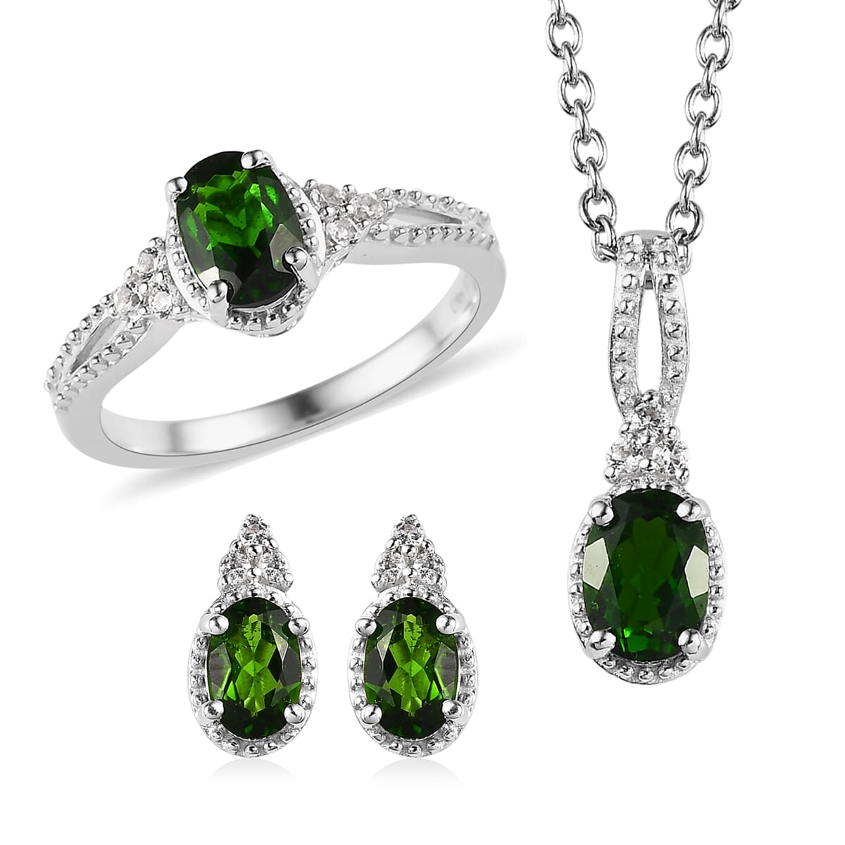 Chrome Diopside, White Topaz Stud Earrings, Ring (Size 8.0) and Pendant in Platinum Over Sterling Silver with Stainless Steel Necklace 20 Inches 3.10 ctw image number 0