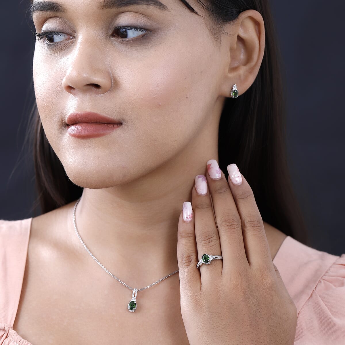Chrome Diopside, White Topaz Stud Earrings, Ring (Size 8.0) and Pendant in Platinum Over Sterling Silver with Stainless Steel Necklace 20 Inches 3.10 ctw image number 2