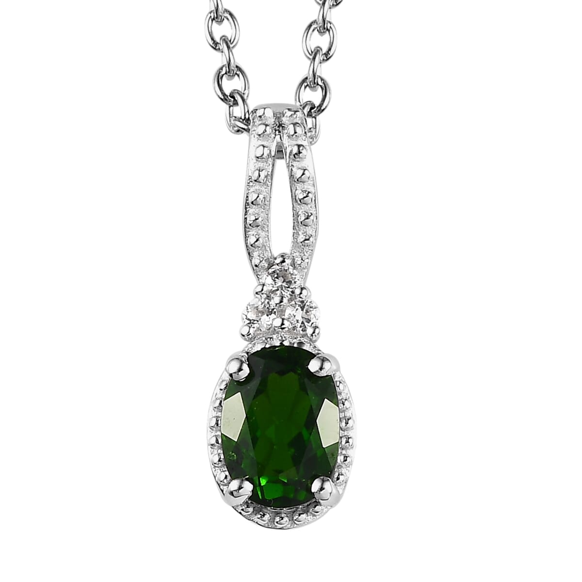 Chrome Diopside, White Topaz Stud Earrings, Ring (Size 8.0) and Pendant in Platinum Over Sterling Silver with Stainless Steel Necklace 20 Inches 3.10 ctw image number 5