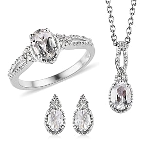 White Topaz Stud Earrings, Ring (Size 10.0) and Pendant in Platinum Over Sterling Silver with Stainless Steel Necklace 20 Inches 3.25 ctw
