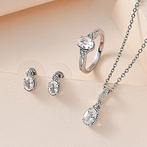 White Topaz Stud Earrings, Ring (Size 10.0) and Pendant in Platinum Over Sterling Silver with Stainless Steel Necklace 20 Inches 3.25 ctw