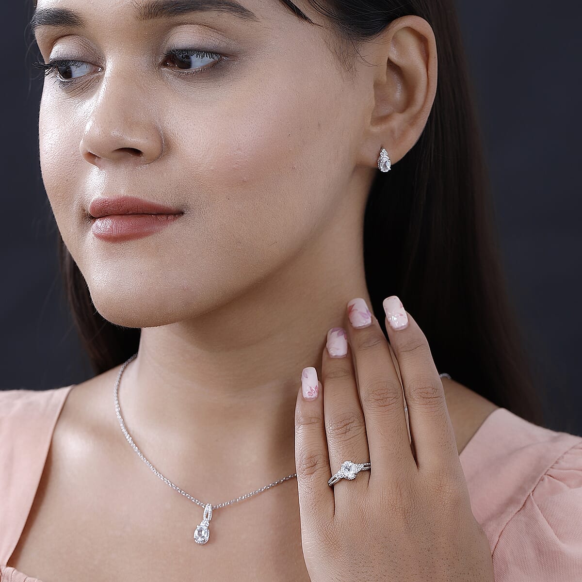 White Topaz Stud Earrings, Ring (Size 10.0) and Pendant in Platinum Over Sterling Silver with Stainless Steel Necklace 20 Inches 3.25 ctw image number 2