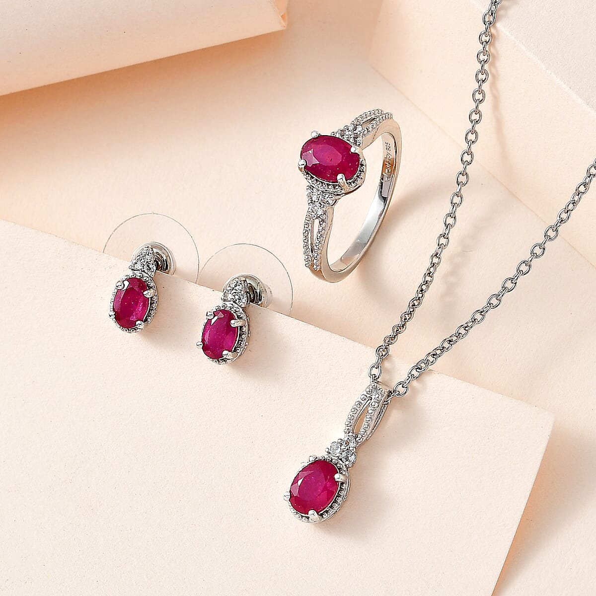 Niassa Ruby (FF), White Topaz Stud Earrings, Ring (Size 9.0) and Pendant in Platinum Over Sterling Silver with Stainless Steel Necklace 20 Inches 2.40 ctw image number 1
