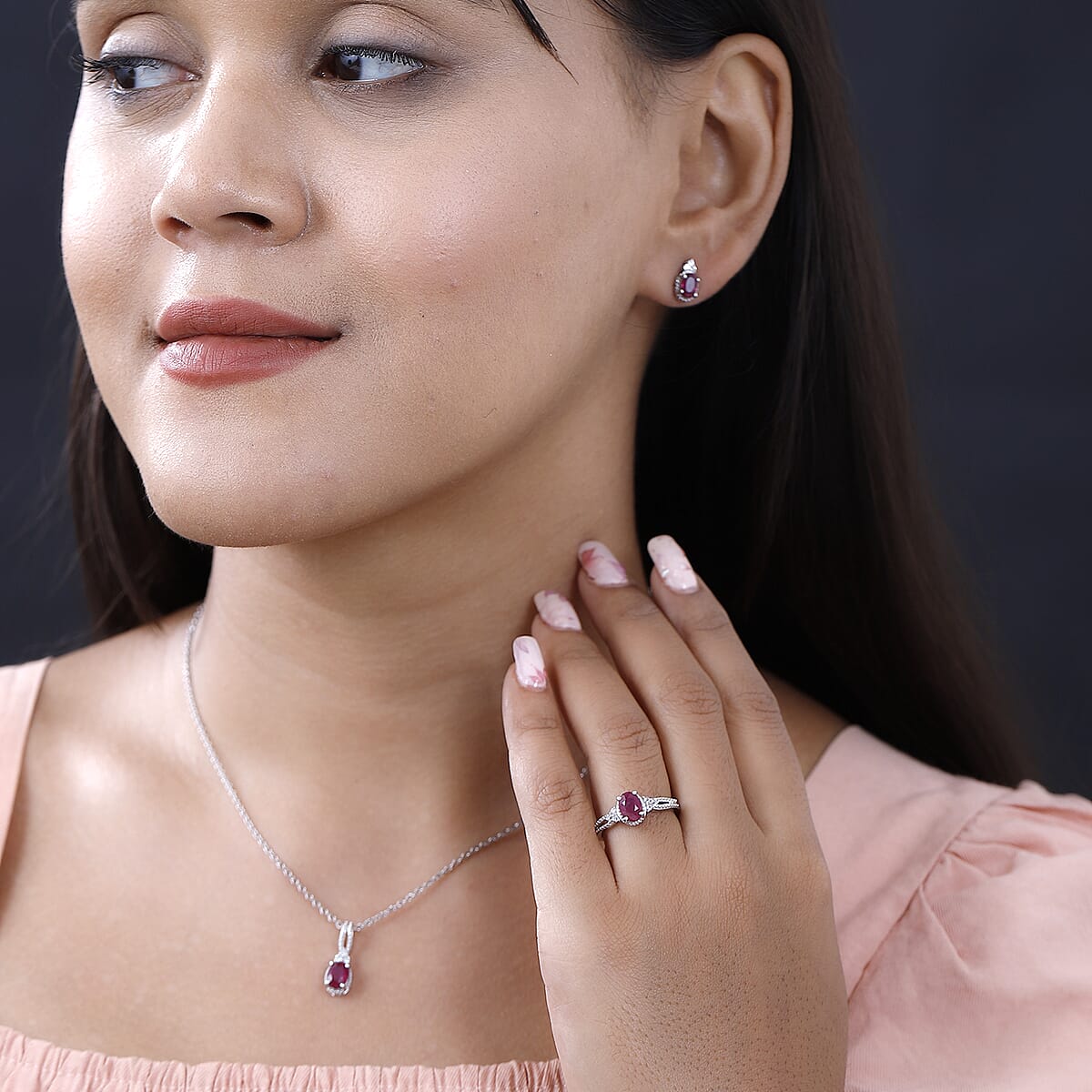 Niassa Ruby (FF), White Topaz Stud Earrings, Ring (Size 9.0) and Pendant in Platinum Over Sterling Silver with Stainless Steel Necklace 20 Inches 2.40 ctw image number 3