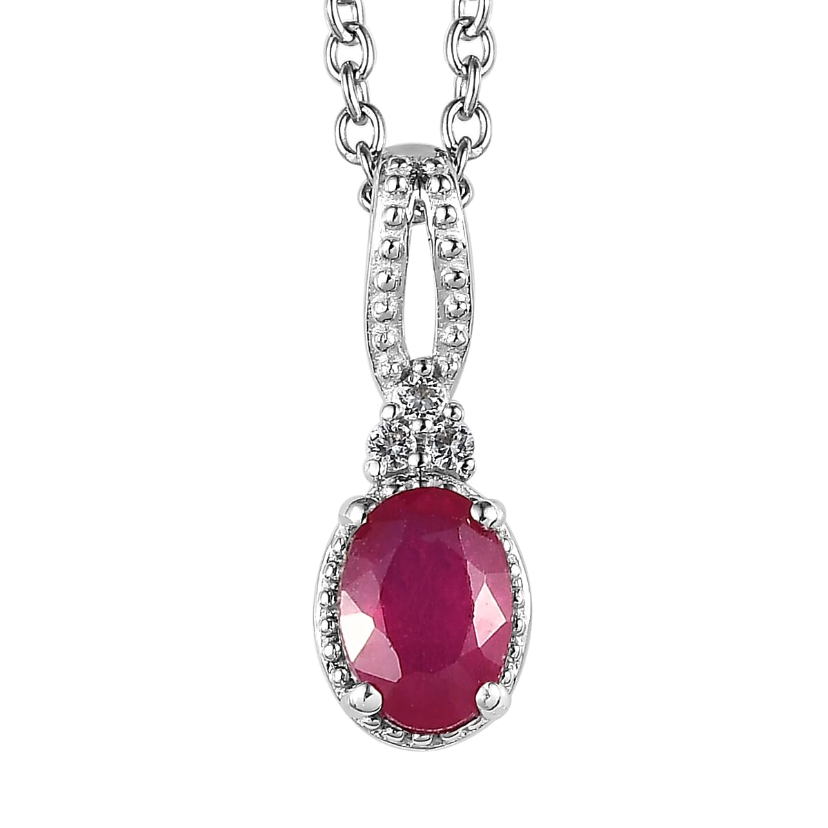Niassa Ruby (FF), White Topaz Stud Earrings, Ring (Size 9.0) and Pendant in Platinum Over Sterling Silver with Stainless Steel Necklace 20 Inches 2.40 ctw image number 7