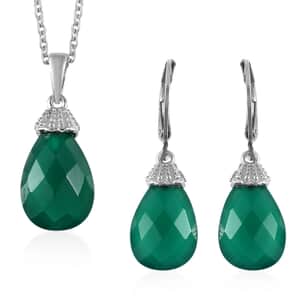 Karis Green Onyx Drop Earrings, Pendant in Platinum Bond with Stainless Steel Necklace 20 Inches 13.50 ctw