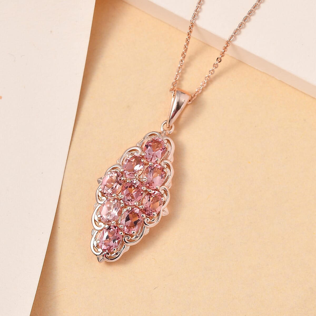 Premium Blush Tourmaline Elongated Pendant Necklace 20 Inches in Vermeil Rose Gold Over Sterling Silver 2.75 ctw image number 1