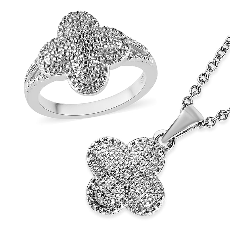 Karis Diamond Accent Ring (Size 5.0) and Pendant in Platinum Bond with Stainless Steel Necklace 20 Inches