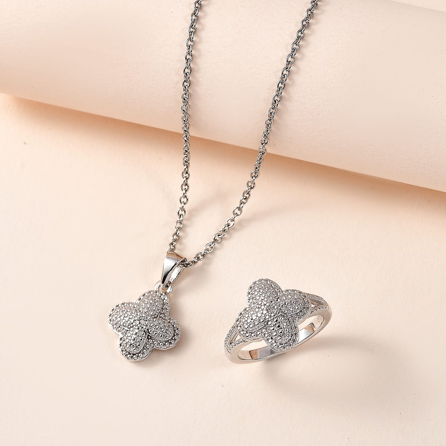 Karis Diamond Accent Ring (Size 5.0) and Pendant in Platinum Bond with Stainless Steel Necklace 20 Inches