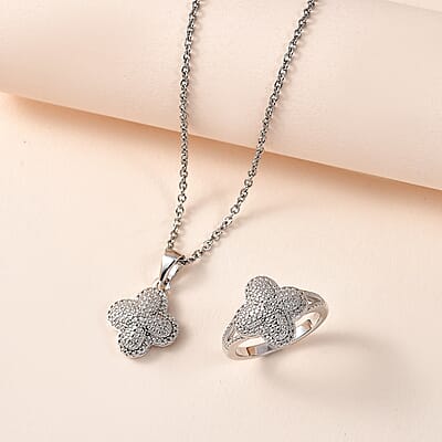 Karis Diamond Accent Ring (Size 5.0) and Pendant in Platinum Bond with Stainless Steel Necklace 20 Inches