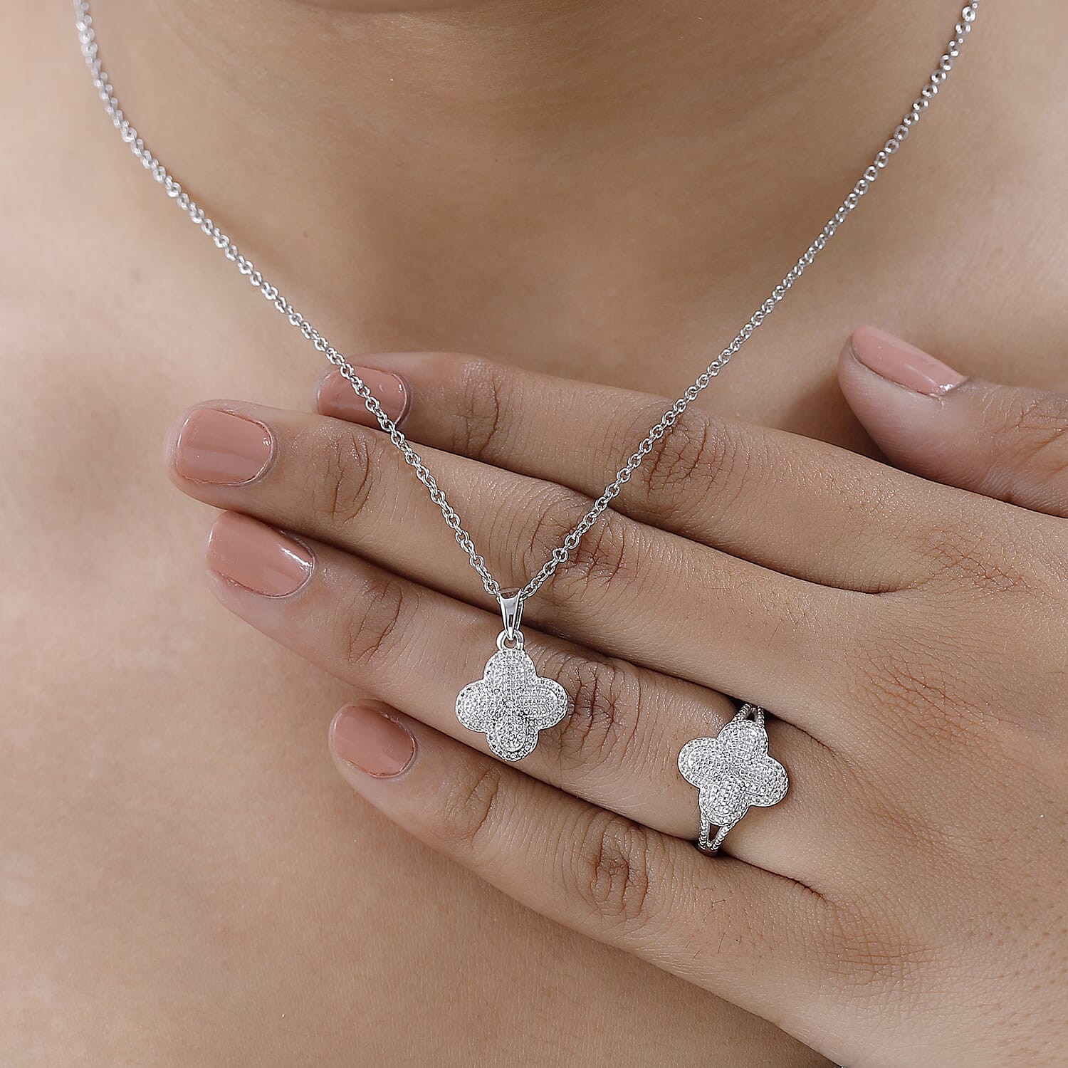 Karis Diamond Accent Ring (Size 5.0) and Pendant in Platinum Bond with Stainless Steel Necklace 20 Inches