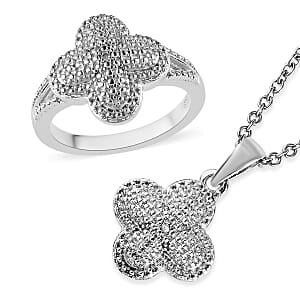 Karis Diamond Accent Ring (Size 10.0) and Pendant in Platinum Bond with Stainless Steel Necklace 20 Inches