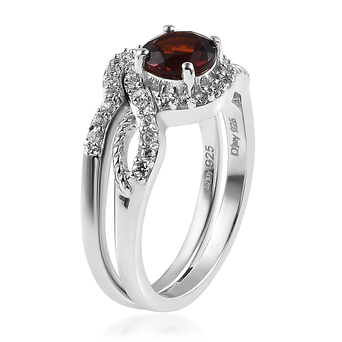 Premium Brazilian Cherry Citrine and White Zircon Set of 2 Stackable Ring in Platinum Over Sterling Silver (Size 5.0) 1.40 ctw