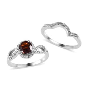 Premium Brazilian Cherry Citrine and White Zircon Set of 2 Stackable Ring in Platinum Over Sterling Silver (Size 7.00) 1.40 ctw
