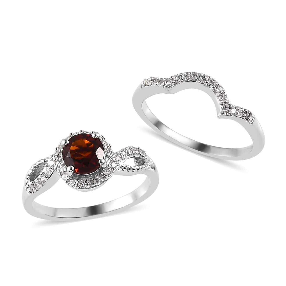 Premium Brazilian Cherry Citrine and White Zircon Set of 2 Stackable Ring in Platinum Over Sterling Silver (Size 5.0) 1.40 ctw image number 0