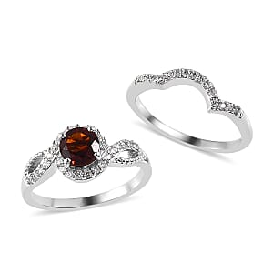 Premium Brazilian Cherry Citrine and White Zircon Set of 2 Stackable Ring in Platinum Over Sterling Silver (Size 5.0) 1.40 ctw