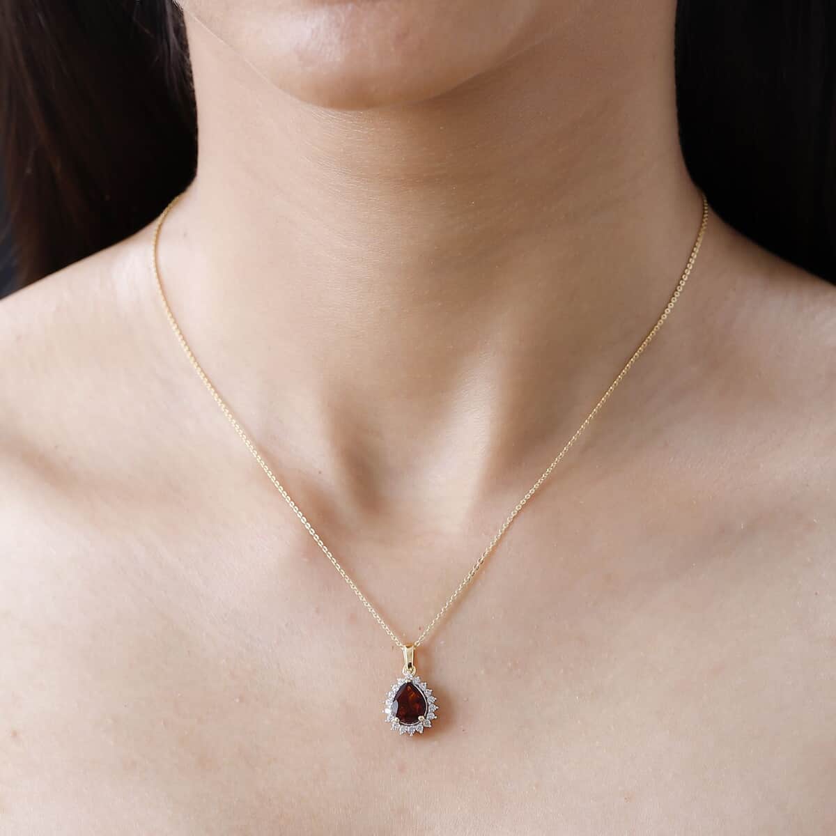 Premium Brazilian Cherry Citrine and White Zircon Halo Pendant Necklace 20 Inches in Vermeil Yellow Gold Over Sterling Silver 1.60 ctw image number 2