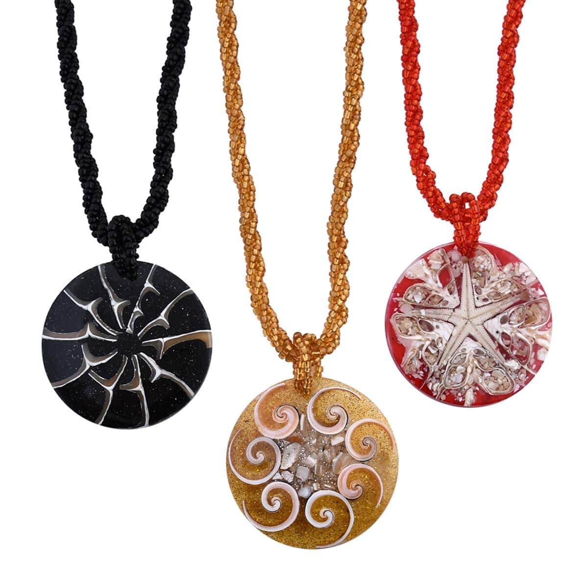 Resin Pendant Set of 3 Spider Net, Hurricane, and Star Motif With Matching Seed Beads Necklace (20 Inches) image number 0