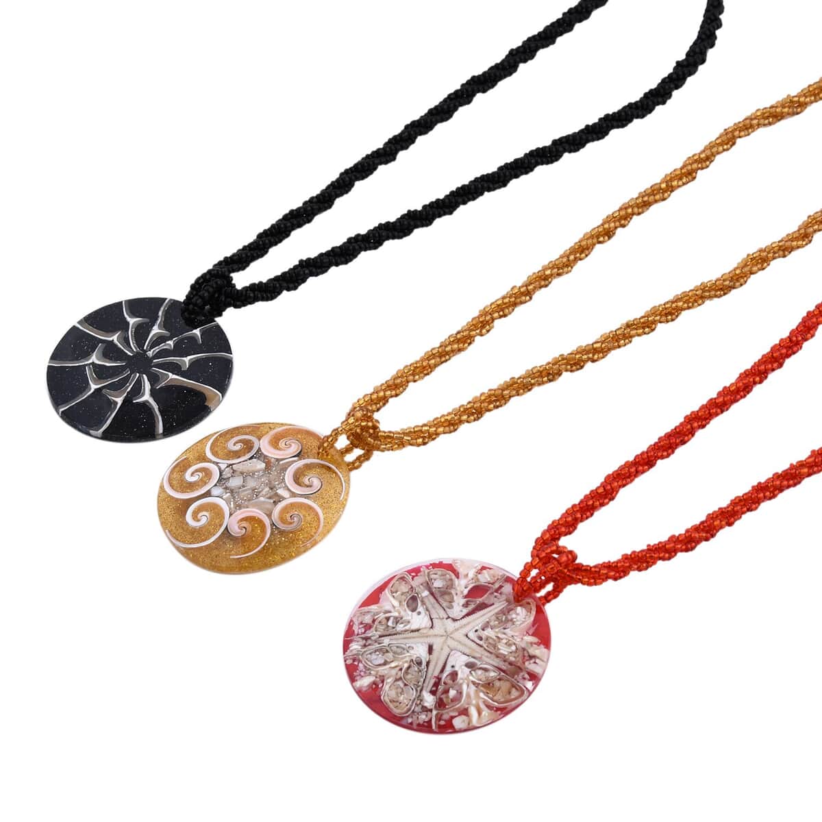 Resin Pendant Set of 3 Spider Net, Hurricane, and Star Motif With Matching Seed Beads Necklace (20 Inches) image number 2