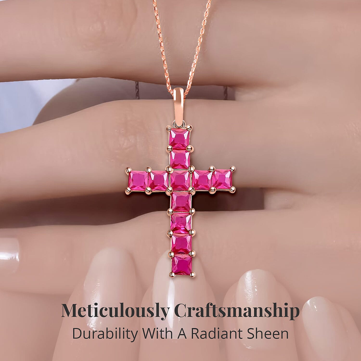 D'Joy Simulated Red Diamond 5.85 ctw Cross Pendant in 14K RG Over Sterling Silver with ION Plated RG Stainless Steel Necklace 20 Inches