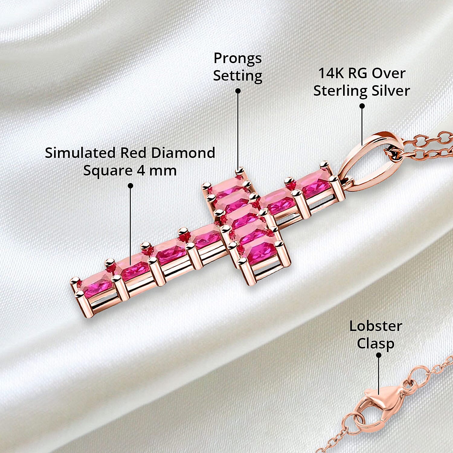 D'Joy Simulated Red Diamond 5.85 ctw Cross Pendant in 14K RG Over Sterling Silver with ION Plated RG Stainless Steel Necklace 20 Inches