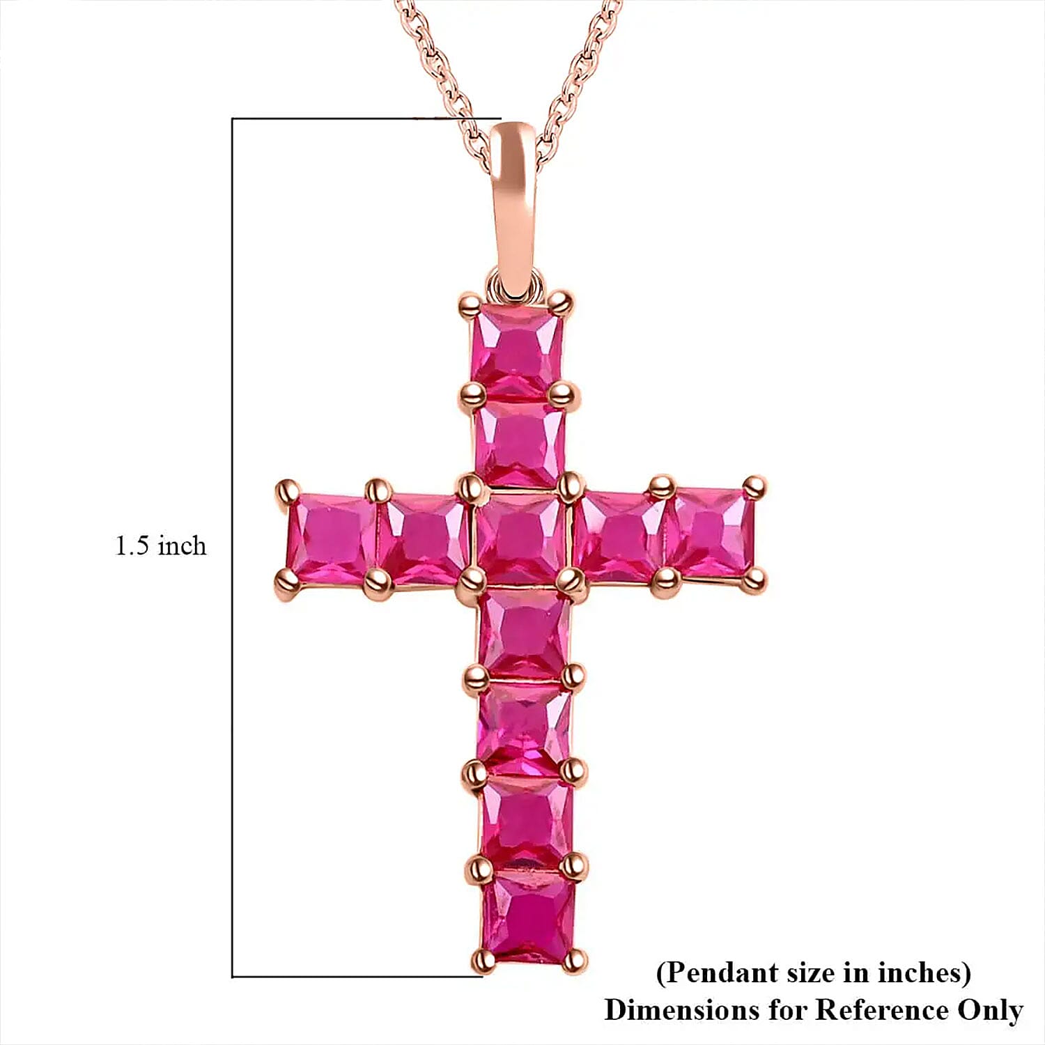 D'Joy Simulated Red Diamond 5.85 ctw Cross Pendant in 14K RG Over Sterling Silver with ION Plated RG Stainless Steel Necklace 20 Inches