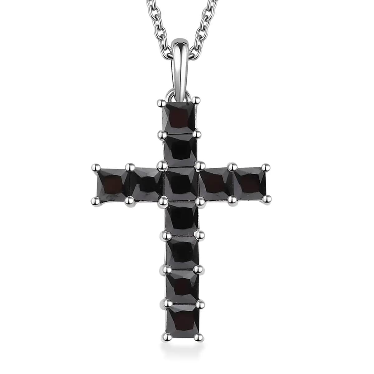 Simulated Black Diamond Cross Pendant in Platinum Over Sterling Silver with Stainless Steel Necklace 20 Inches image number 0