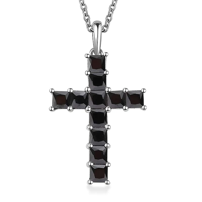 D'Joy Simulated Black Diamond 5.85 ctw Cross Pendant in Platinum Over Sterling Silver with Stainless Steel Necklace 20 Inches