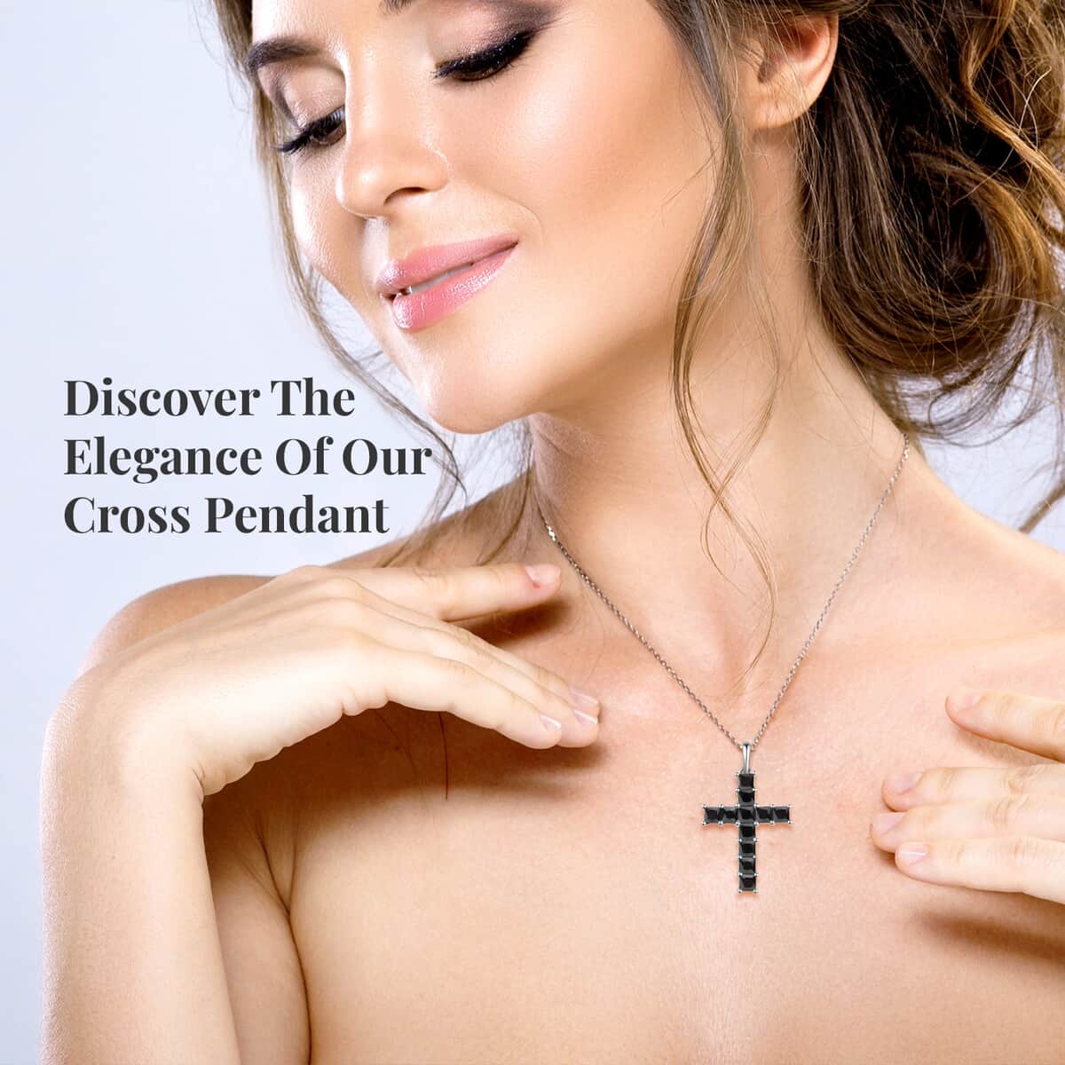 Simulated Black Diamond Cross Pendant in Platinum Over Sterling Silver with Stainless Steel Necklace 20 Inches image number 1