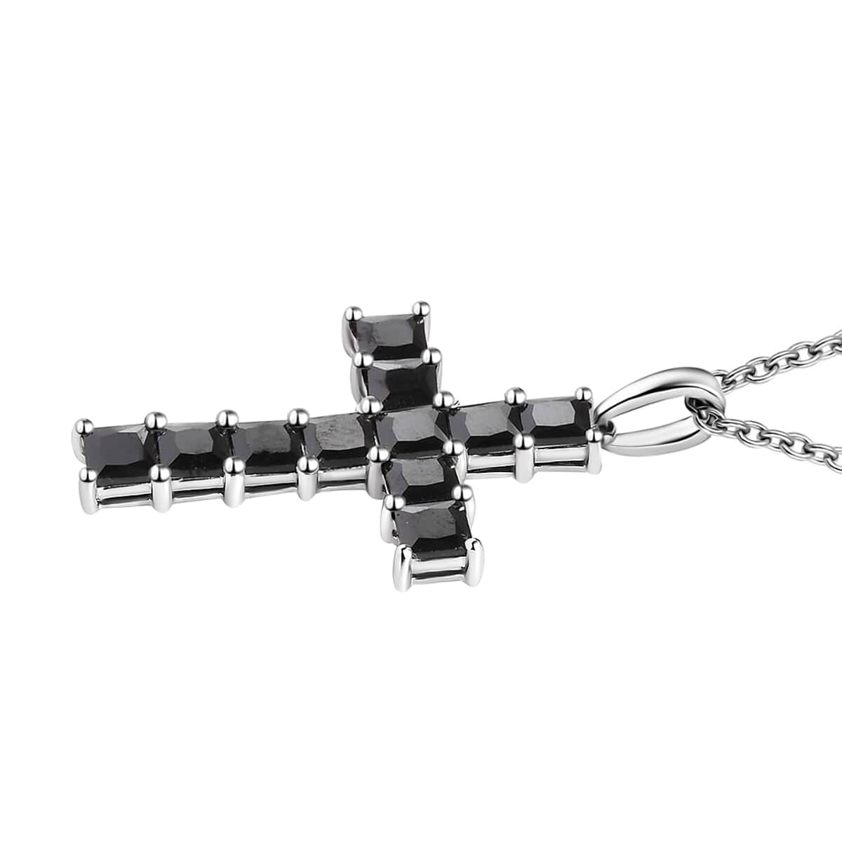 Simulated Black Diamond Cross Pendant in Platinum Over Sterling Silver with Stainless Steel Necklace 20 Inches 4.40 ctw image number 2