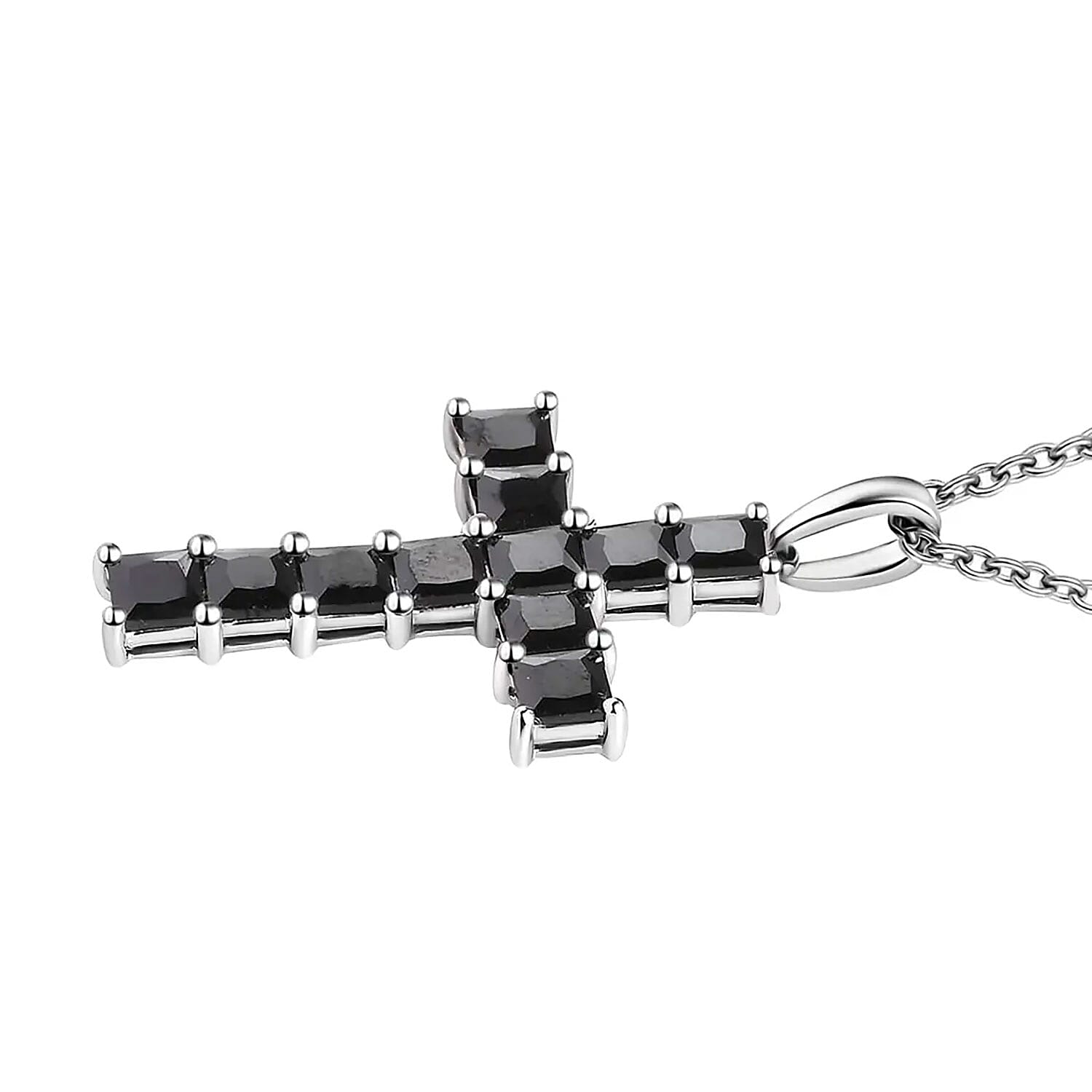 D'Joy Simulated Black Diamond 5.85 ctw Cross Pendant in Platinum Over Sterling Silver with Stainless Steel Necklace 20 Inches