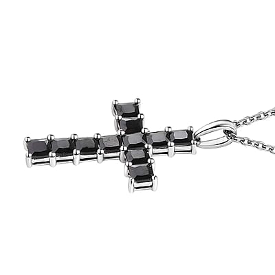 D'Joy Simulated Black Diamond 5.85 ctw Cross Pendant in Platinum Over Sterling Silver with Stainless Steel Necklace 20 Inches