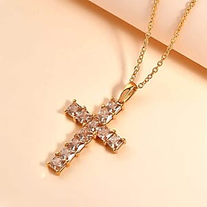 D'Joy Simulated Champagne Color Diamond 6 ctw Cross Pendant in 14K YG Over Sterling Silver with ION Plated YG Stainless Steel Necklace 20 Inches