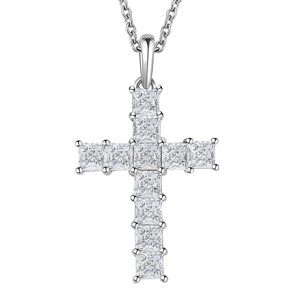 D'Joy Simulated Diamond 6 ctw Cross Pendant in Platinum Over Sterling Silver with Stainless Steel Necklace 20 Inches image number 0