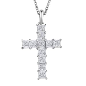 Simulated Diamond Cross Pendant in Platinum Over Sterling Silver with Stainless Steel Necklace 20 Inches 4.40 ctw