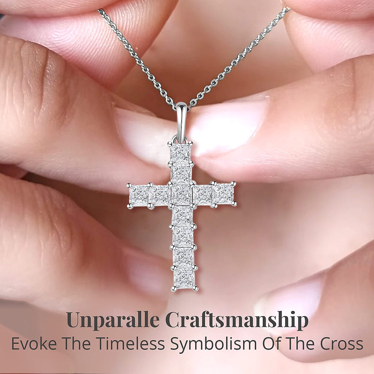 D'Joy Simulated Diamond 6 ctw Cross Pendant in Platinum Over Sterling Silver with Stainless Steel Necklace 20 Inches image number 2